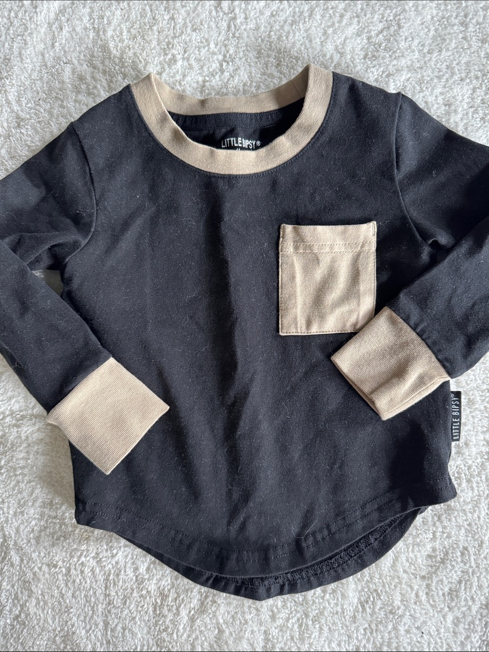 Little Bipsy Black Long-Sleeve Tee with Tan Contrast Pocket